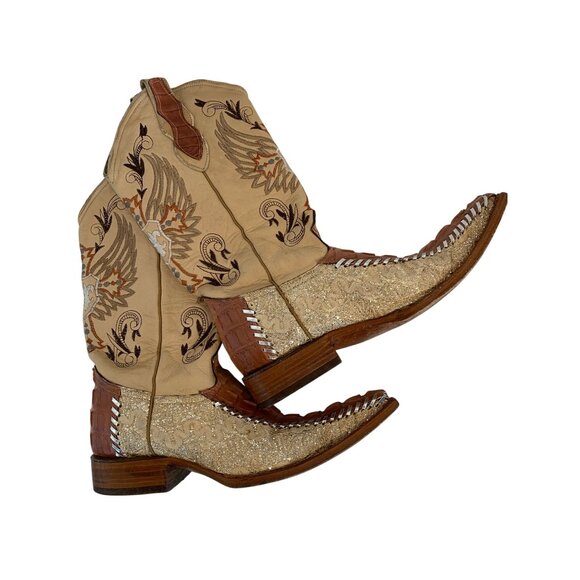 Handmade Mexico Cowboy Boots Embroider Glitter Toe Croc Women 6.5 8940 Bling - Picture 5 of 7